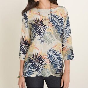 CHICO’S No-Iron Linen Palm-Print Side-Button Pullover Beachy Size 3 US XL 16-18